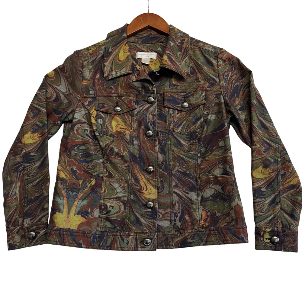 Christopher&Banks Petite Marbled Swirl Print Button Front Jacket Green Brown P/S